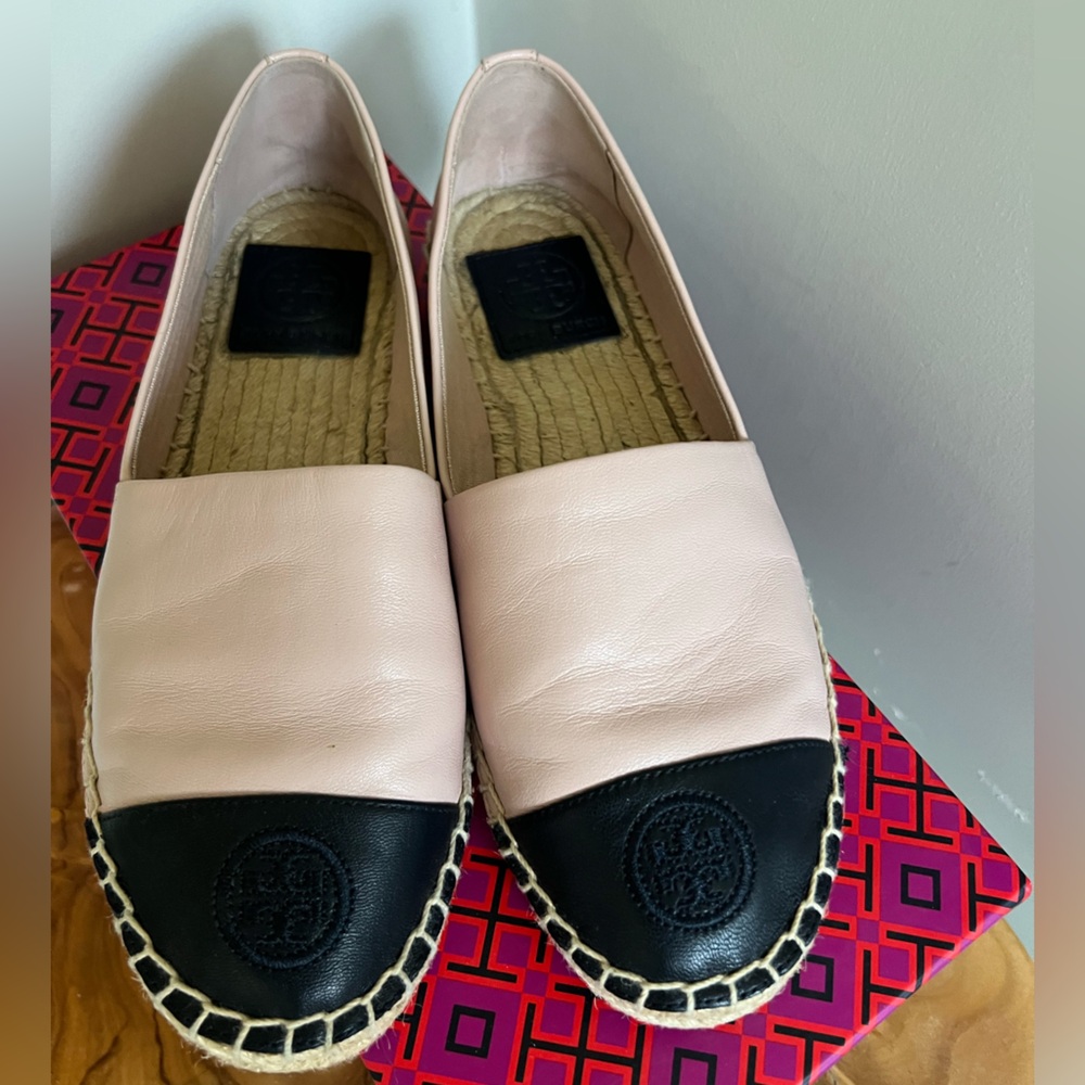 Tory Burch Blush Pink and Perfect Navy Block Leather Espadrilles